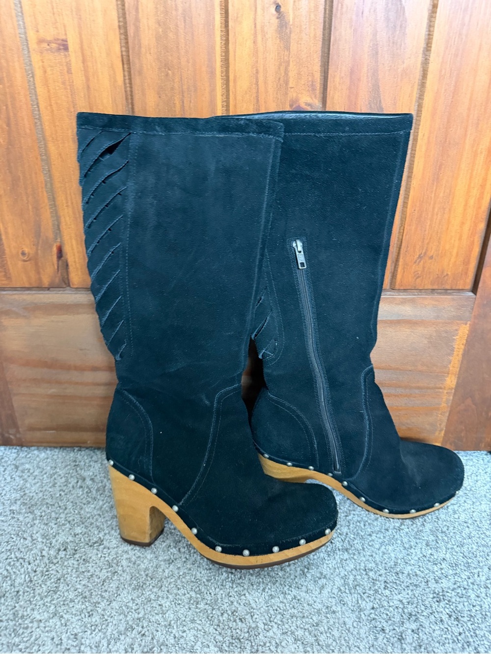 UGG Black Suede Mid-Calf Heeled Clog Boots with Wooden Sole
